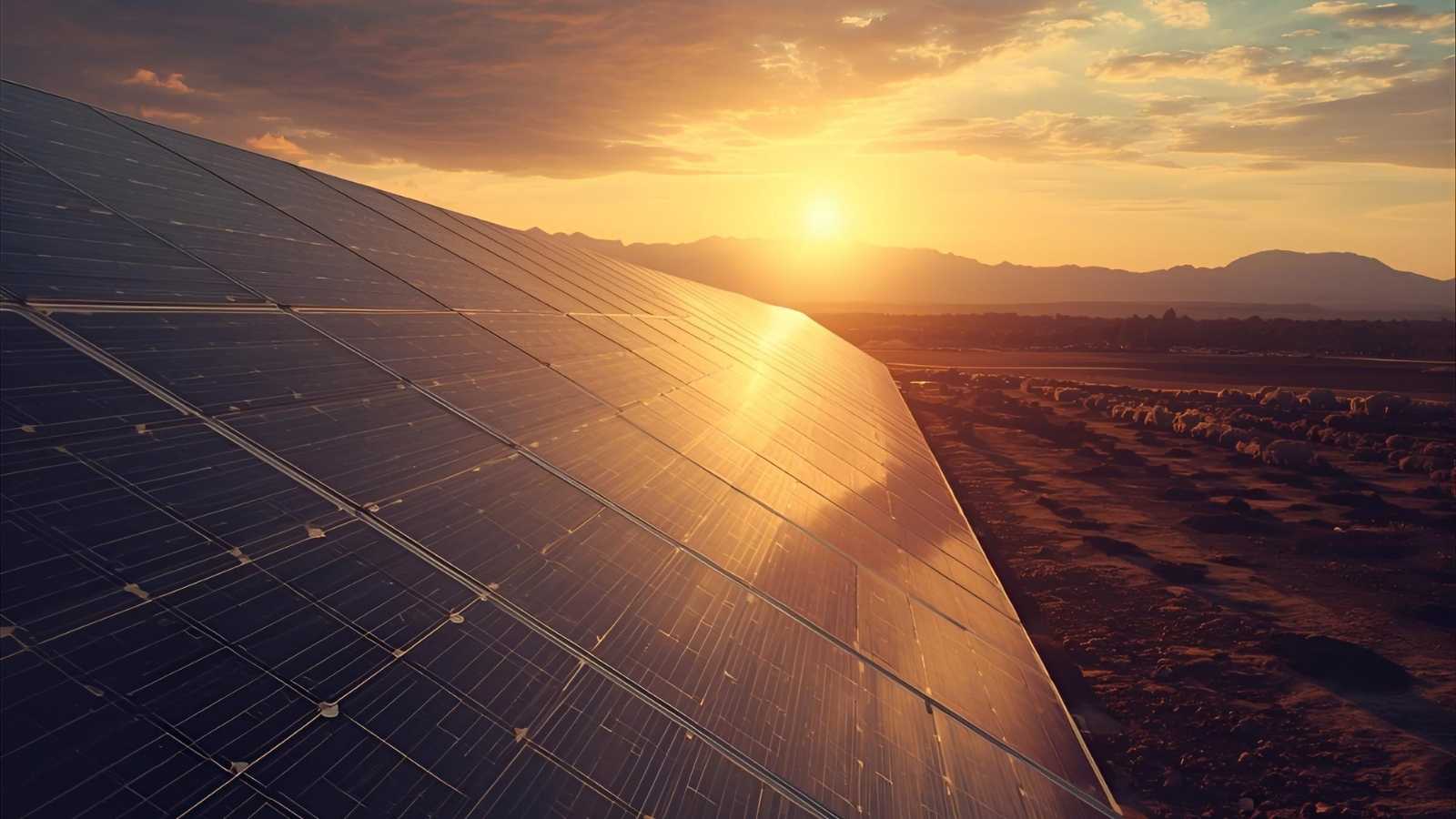utility-scale solar panels, angled toward a bright sunset, above a field of stones and greenery.