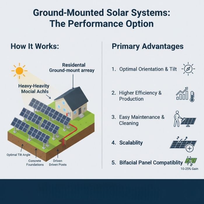 "Infographic titled 'Ground-Mounted Solar Systems: The Performance Option,' listing primary advantages like optimal tilt, higher efficiency, easy maintenance, and bifacial panel compatibility.