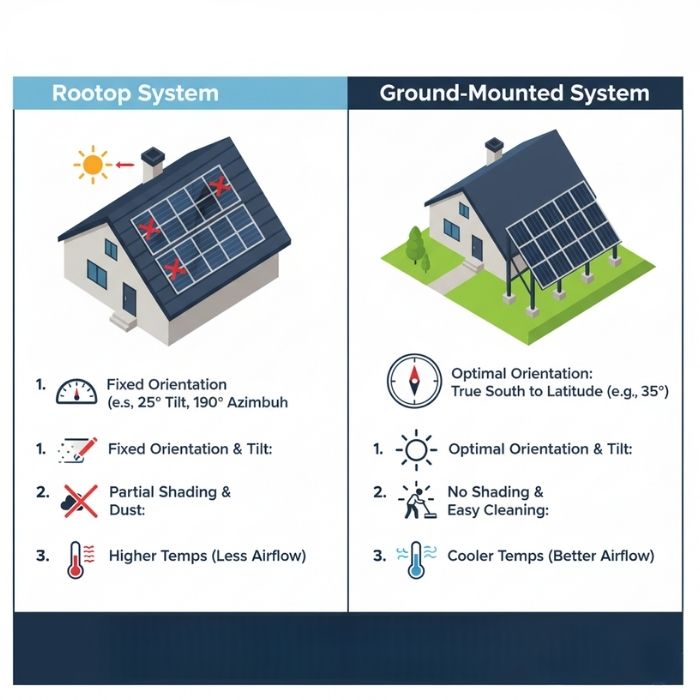 Infographic comparing Rooftop vs. Ground-Mounted solar systems, highlighting rooftop's fixed orientation and shading issues versus ground-mount's optimal tilt and better airflow.