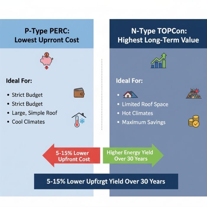 Infographic comparing P-Type PERC vs. N-Type TOPCon solar panels, showing P-Type has the 'Lowest Upfront Cost' while N-Type provides the 'Highest Long-Term Value' and higher energy yield.